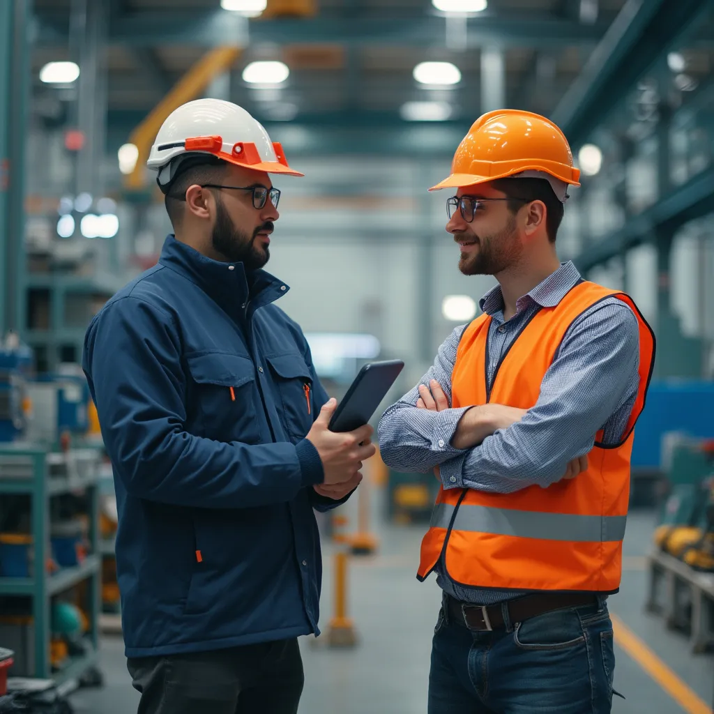 Consultant ISO en discussion dans une usine